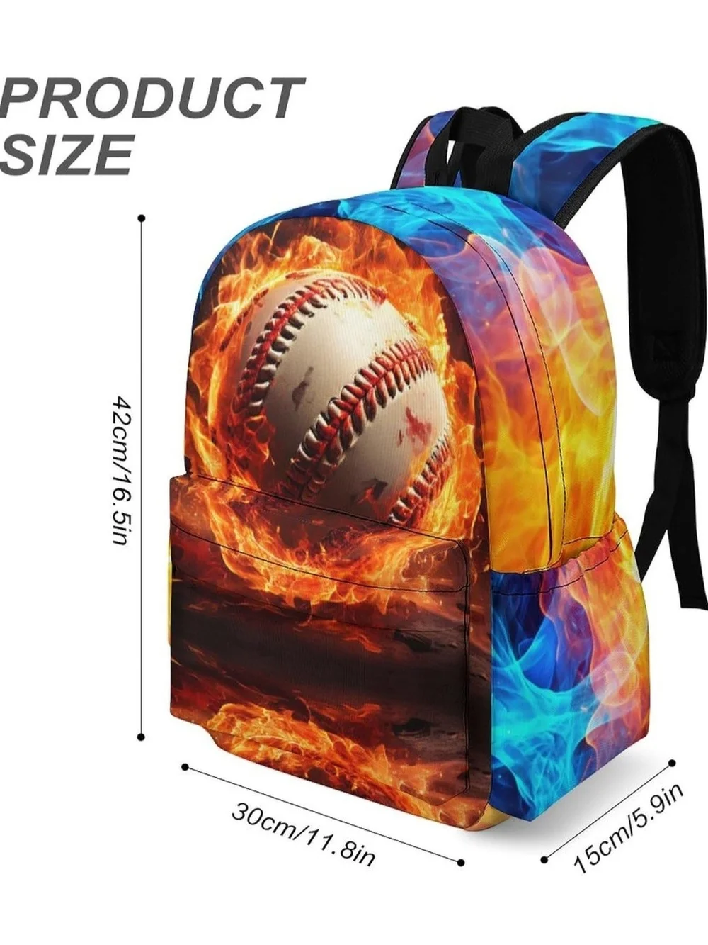 Flame & Lightning Baseball Print Kids Backpack Bag - Black/Blue/Orange